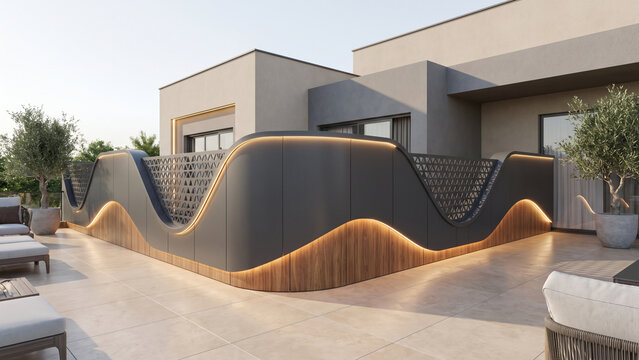 Modern Curved Parapet Design
"Ultra-modern house terrace parapet wall design with elegant curved profile, wood texture HPL panels, warm hidden LED strip lighting, charcoal grey and beige color combina