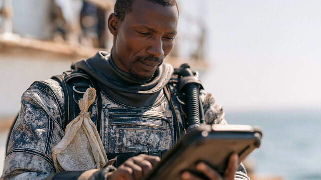 Kenyan marine biologist in wetsuit on reef survey platform reviews underwater transect data on waterproof tablet, mesh collection bag clipped to BCD, research vessel deck blurred