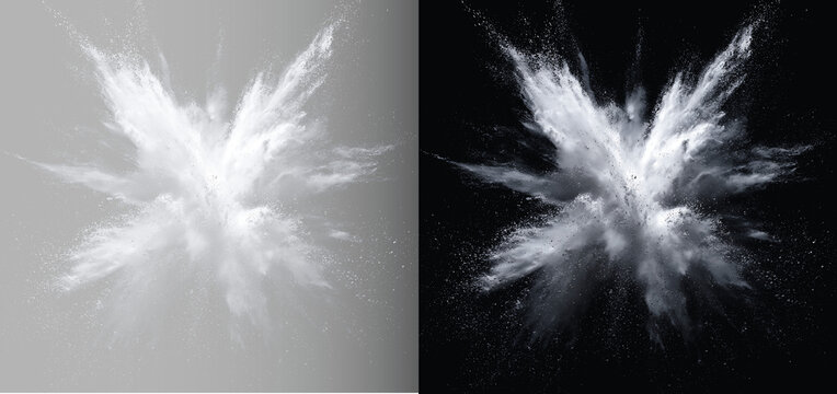 Thick clumpy powder explosion, powder blast, abstract realistic dust cloud splash, dense smoke burst backdrop on trasparent and black background