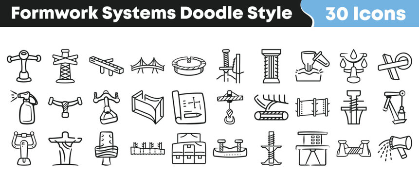 Set of thirty hand drawn formwork systems icons in doodle style