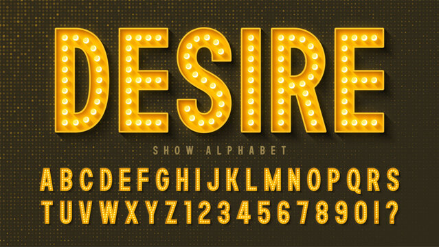 Show alphabet design, modern condensed style, bright LED lamps letters and numbers.