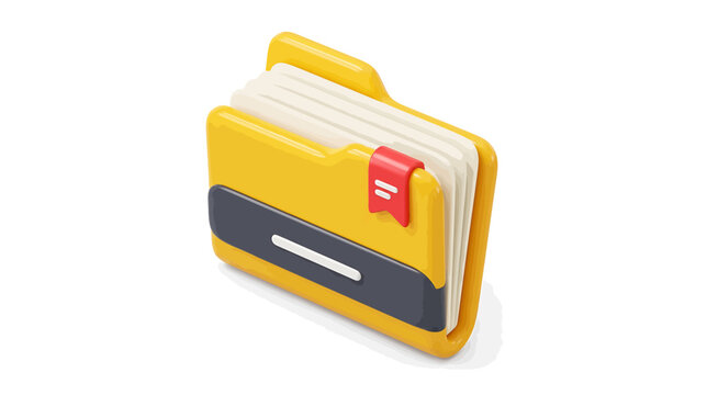 Vector illustration of 3d icon of a yellow folder with documents and a red bookmark on a transparent background