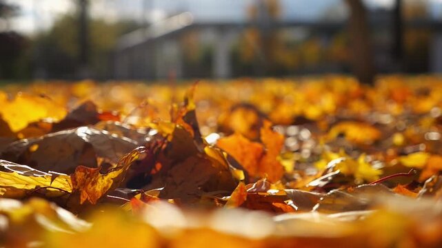 Close up view of empty autumn parkland at sunset. Brown maple leaves lying on lawn at woodland. Gentle wind blowing through colorful foliage on the ground at forest. Low view Slow motion