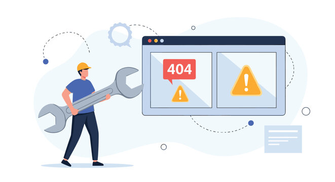 Web support specialist holding big wrench fixing 404 page error, representing website maintenance and repair.