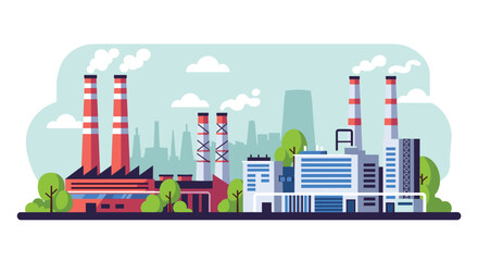 Obraz premium Large industrial factory complex with smoking chimneys and green trees representing manufacturing and environment.