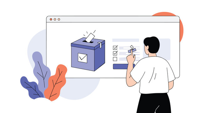 Young male citizen casting his digital ballot on web browser portal for online voting and electronic democracy.