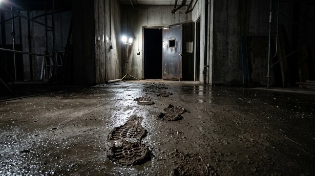 Muddy boot prints on a wet concrete floor lead toward an open industrial metal door illuminated by a bright construction work light in a dark basement.