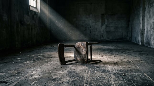Old wooden chair lying on the dusty ground of an abandoned dark warehouse illuminated by a single bright shaft of natural light from a window