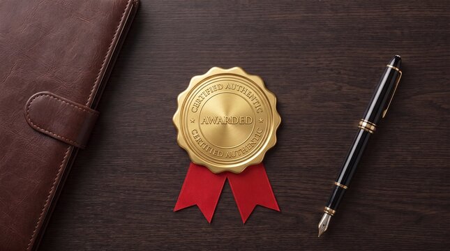 Gold seal badge with red ribbon. Quality certification emblem.