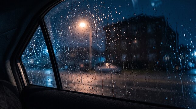Raindrops on a car window at night showing blurry street lights and dark urban silhouettes captured through a glass pane in a moody cinematic blue tone
