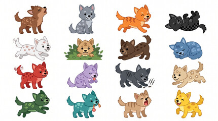 Obraz premium Set of cute cartoon wolf pups with various patterns and expressions