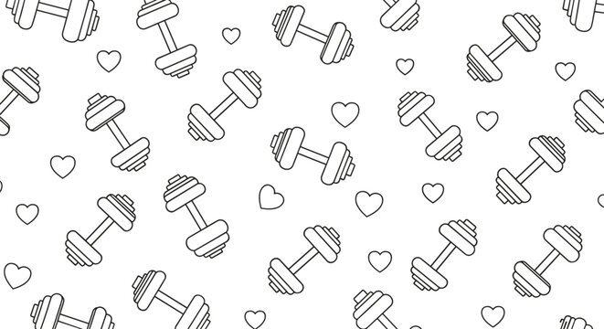 Simple black and white seamless pattern of dumbbells and small hearts perfect for fitness, health, and gym themes for home decor.