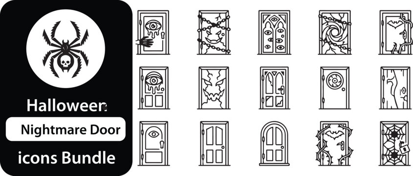 Set of 15 outline icons related to Halloween, nightmare door - collection of spooky entrance, chained gate, evil eye, haunted portal, bat, spider web elements