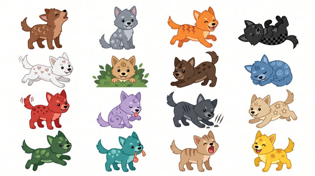 Set of cute cartoon wolf pups with various patterns and expressions