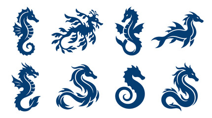 Dark blue sea dragon and serpent logo icons. © intania