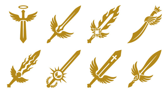 Golden winged sword icons for fantasy RPG weapons.