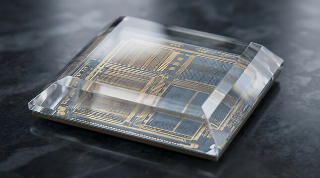 Advanced RAM memory chip manufacturing process displaying a futuristic semiconductor microchip in protective glass casing