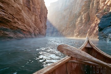 Fototapeta premium Canoe paddle resting in misty desert canyon at dawn