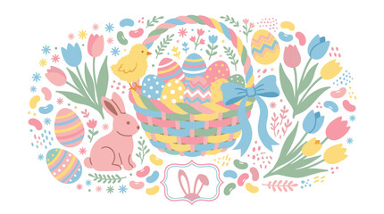Fototapeta premium spring and easter vector icons with basket, eggs and bunny for branding design in pastel illustration style