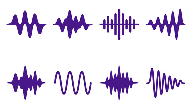 Purple sound wave and frequency modulation icon set.