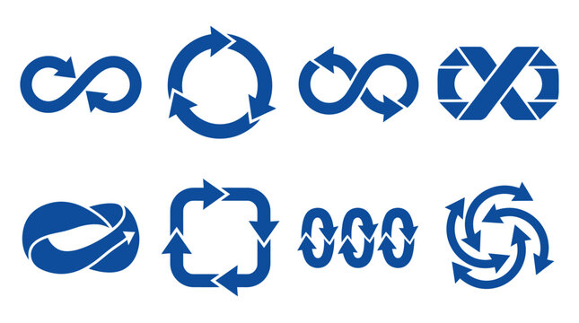 Blue recycle cycle and infinite arrow icon set.