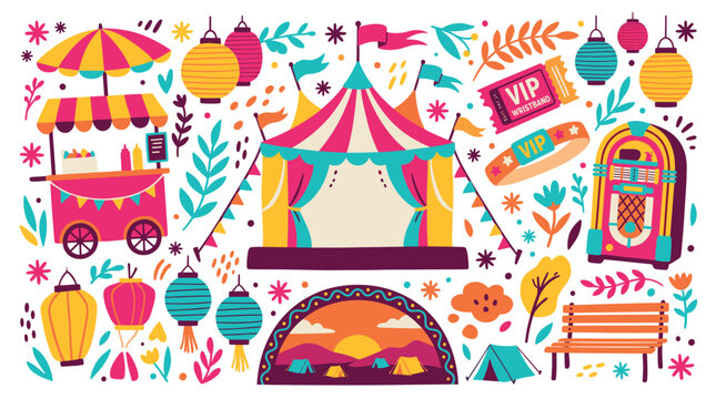 Festival and entertainment vector icons with tent, lanterns and food cart for presentation design in colorful style