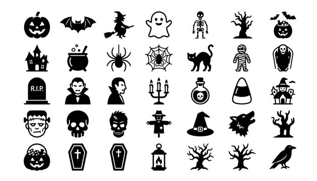 Black Halloween icons on white background.