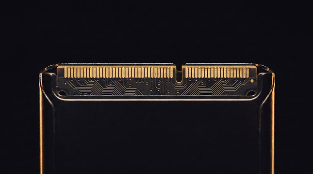 Detailed close up of RAM memory chip microarchitecture showing golden contacts and technical circuit board components