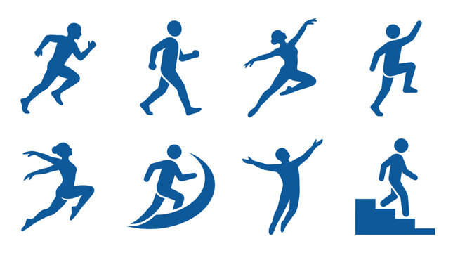 Blue silhouette icons of active people in motion.