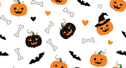 Fototapeta premium Carved pumpkins black bats white bones and orange hearts on a white base form a fun halloween seamless pattern.