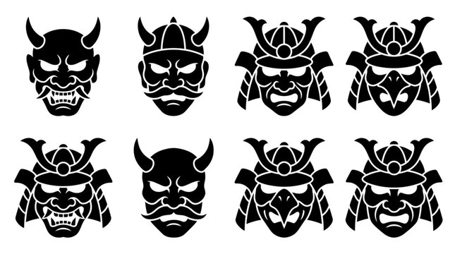 Black samurai and oni mask icons set