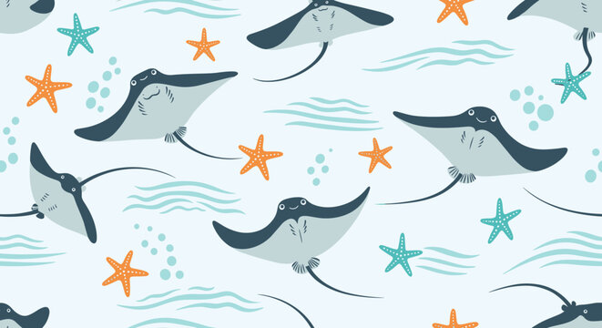 Cute grey stingrays and orange starfishes over a light blue background are featured in this sea life pattern.