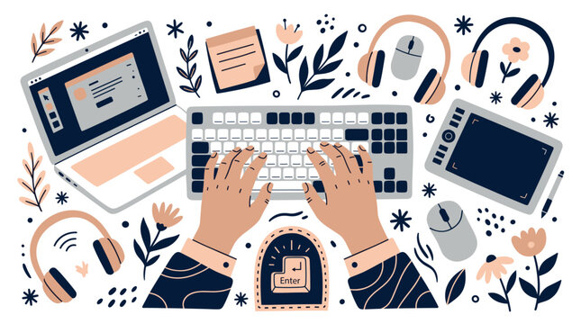 technology and workspace design icons with laptop, keyboard and headphones for web interface design in flat style