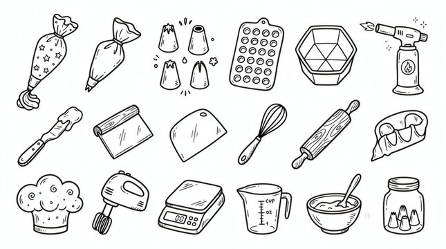 Set of playful hand drawn pastry chef illustrations. Doodle drawings of piping bags, nozzles, blowtorches, silicone molds and scrapers. Clean line art in retro style, isolated on white background