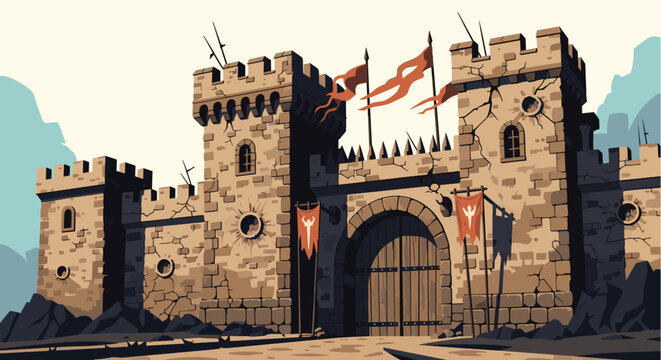 Impressive medieval stone castle with tall towers, wooden gate, and fluttering flags is illustrated in a fantasy vector style.