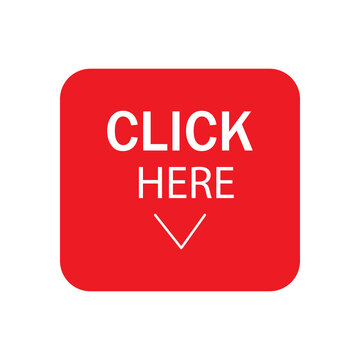 Red square click here button with arrow icon for website and internet user interface design