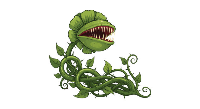 Carnivorous venus flytrap plant cartoon illustration with sharp white teeth and thorny green vines on white background.
