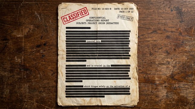 Old vintage paper document featuring a redacted classified operations report with black ink lines covering sensitive text laid flat upon a rustic dark brown wooden table