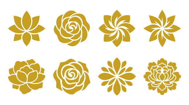 Golden yellow rose and floral silhouette icons set.