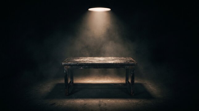 Weathered metal work table standing isolated in a dark room under a single bright overhead spotlight creating dramatic shadows and thick swirling smoke around legs