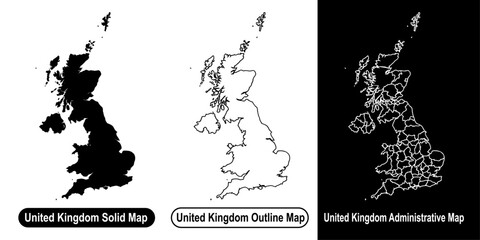 Obraz premium United Kingdom map vector set with solid silhouette outline and regional administrative borders isolated on black and white backgrounds