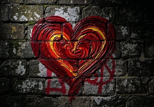 Colorful heart graffiti on textured brick wall in urban setting  