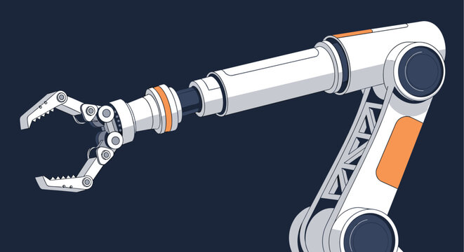 High tech industrial robotic arm with mechanical claw shown isolated on a solid dark blue background for design.
