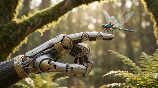 Robot Hand In Nature With Leaves And Flowers, Sustainable Technology