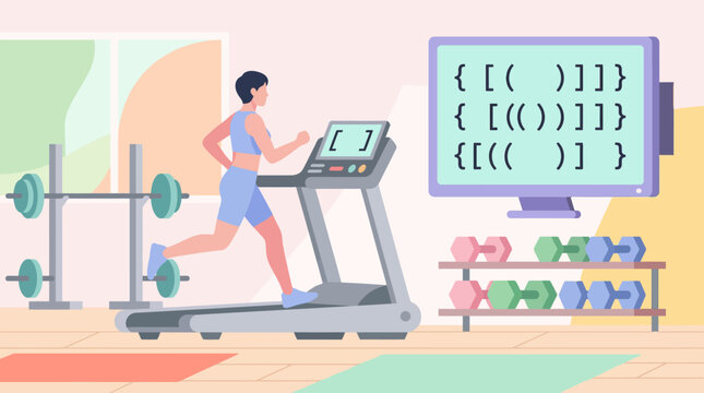 Woman running on treadmill next to coding screen.