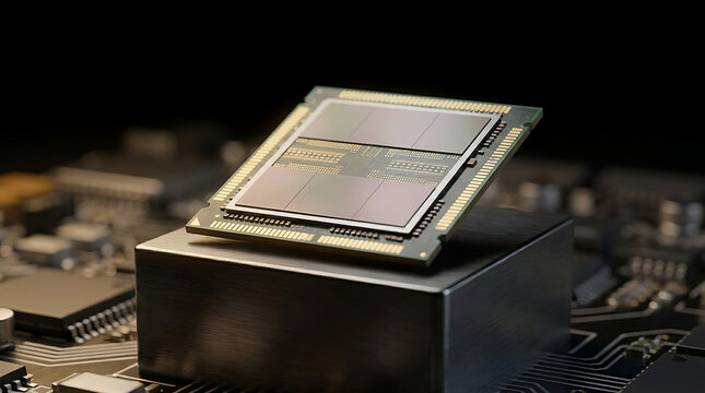 High performance RAM memory chip and semiconductor module placed on a dark electronic circuit board background