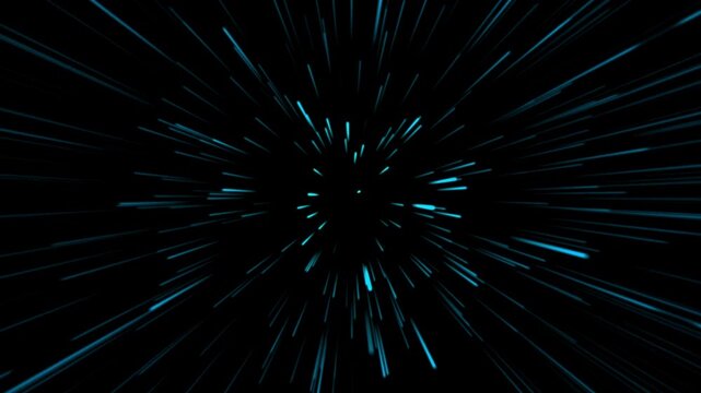 Sci-fi neon blue light explosion with moving streak trails, abstract astronomy warp speed tunnel animation on transparent black overlay.