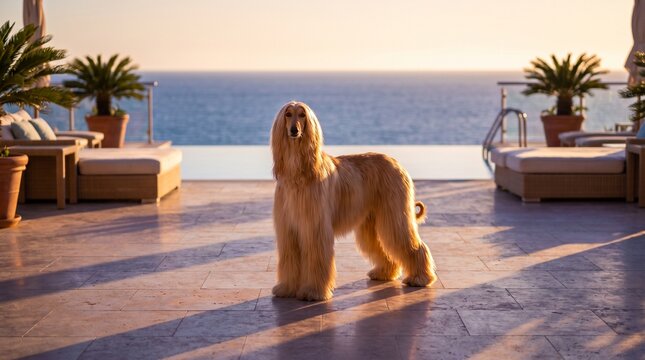Afghan Hound by a pool