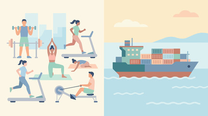 Gym interior scene and cargo ship logistics transportation concept. © arkan