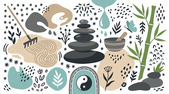 Zen and relaxation vector icons with balanced stones, bamboo and mortar for wellness branding in calm vector art